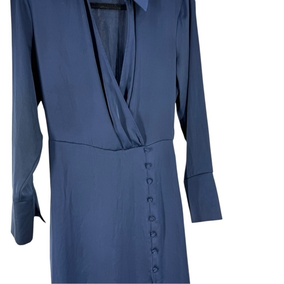 Zara Navy Satin Midi Faux Wrap Dress Button Slit Long Sleeve Navy Blue small - Picture 4 of 8